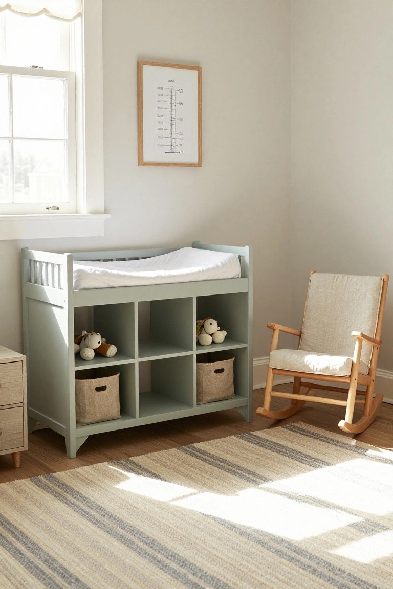 Light sage green wooden changing table dresser with white changing pad, open cubbies holding baskets and stuffed animals, wooden rocking chair, and dresser beside it in a pale gray nursery room with window and height chart on wall.
