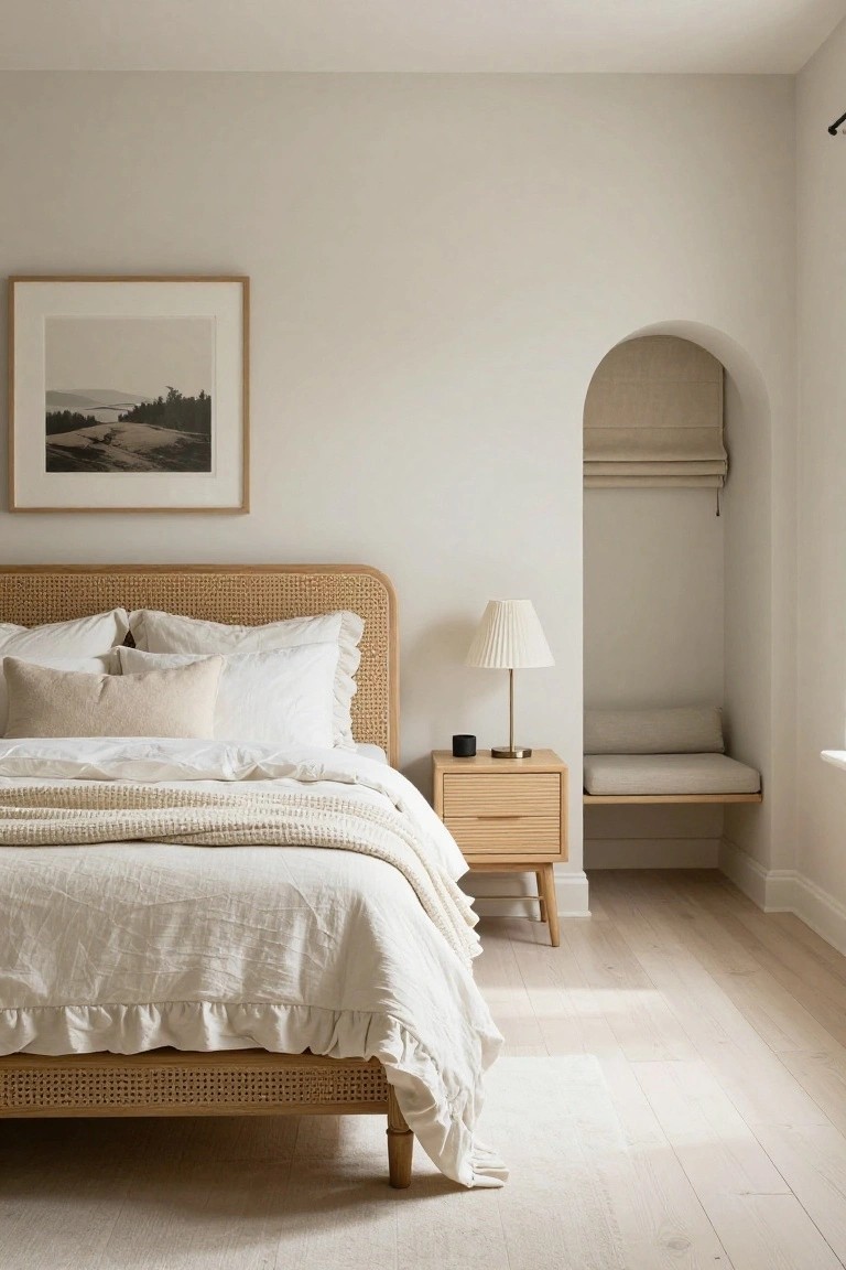 Bedroom with beige rattan headboard bed, white and cream pillows and linens, wooden nightstand with lamp, arched niche with bench and roman shade, neutral walls, and light oak floors.