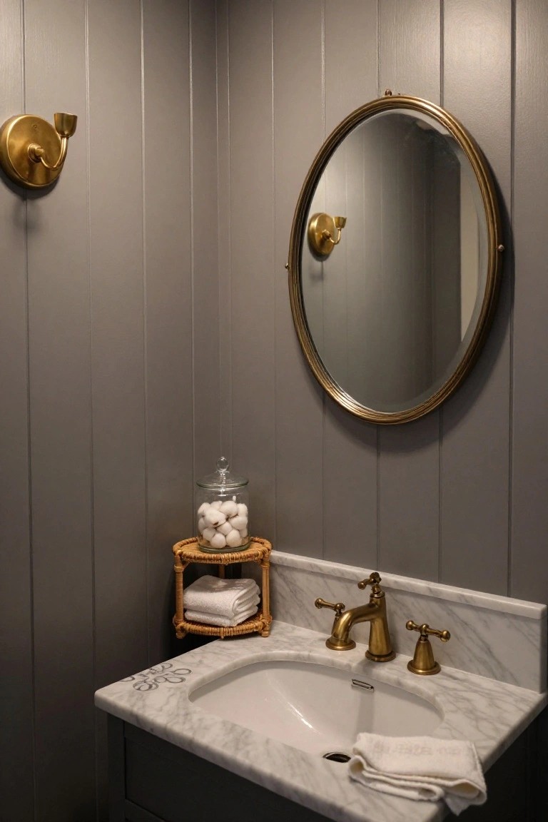Bathroom corner with light gray shiplap walls, brass wall sconce, round brass-framed mirror, rattan shelf with towels and cotton balls jar, marble vanity, brass faucet, and folded hand towel.