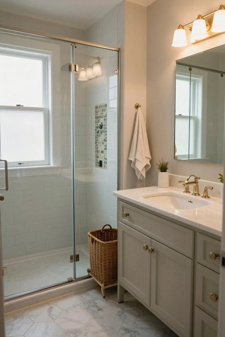 Bathroom interior with glass shower enclosure and white subway tile walls, greige shaker-style vanity cabinet with white quartz countertop and brass faucet, wicker basket on floor, hanging towel, potted plants, and mirror above sink.