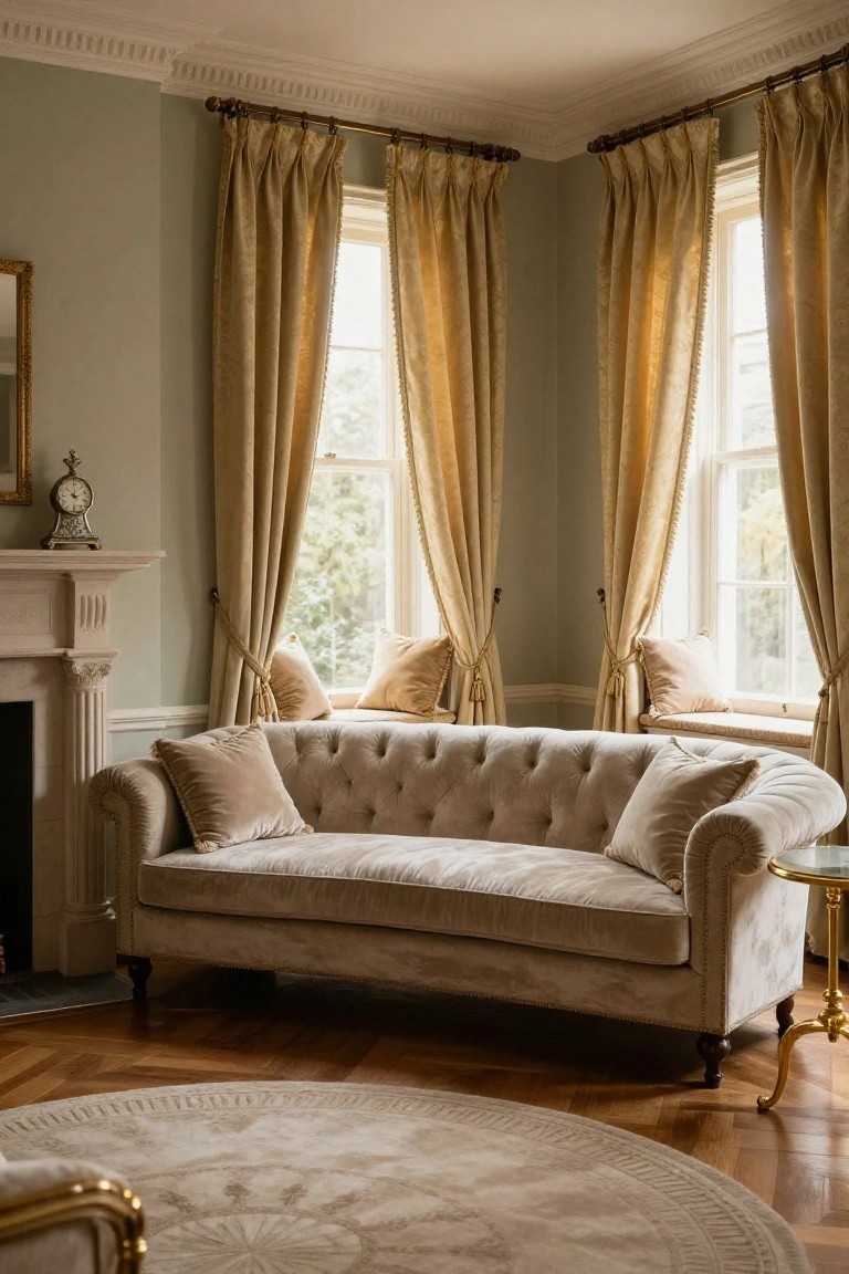 Cream tufted velvet sofa in a corner of a traditional room with pale green walls, gold-trimmed curtains on two sash windows, marble fireplace, clock on mantel, and parquet floor with round rug.