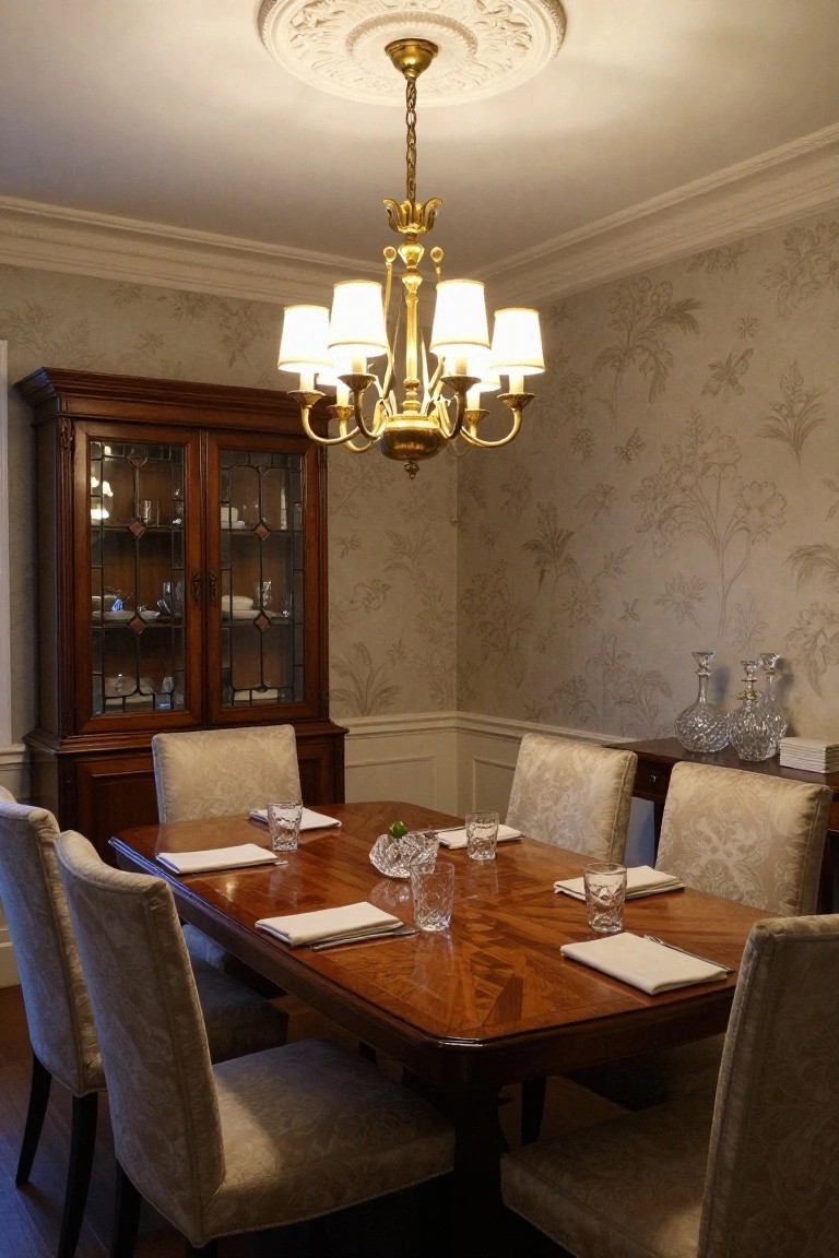 Traditional dining room with rectangular wood dining table set with white napkins and glassware, six beige upholstered chairs, brass chandelier hanging from ceiling medallion, wood china cabinet with glass doors, and beige wallpaper featuring subtle botanical motifs.