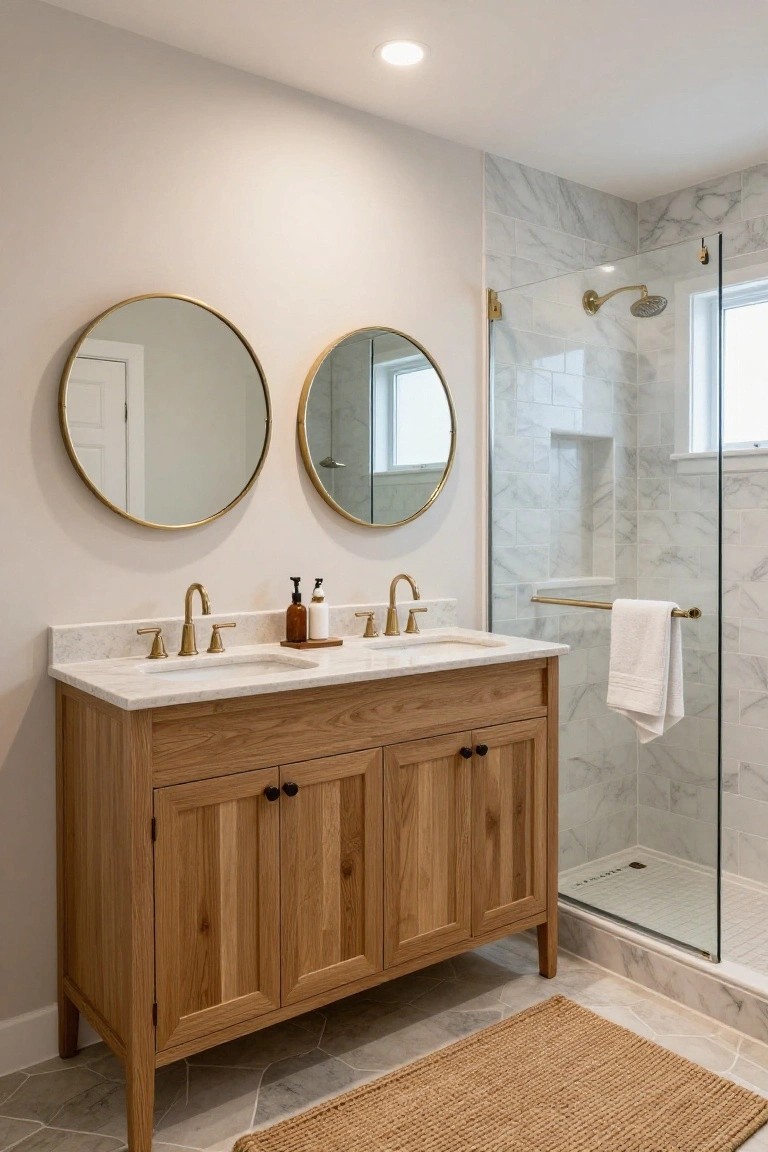 Bathroom with white oak double vanity topped by white marble counters and two large round gold-framed mirrors, brass faucets, glass shower enclosure with marble tile walls, neutral paint, and seagrass rug on tile floor.
