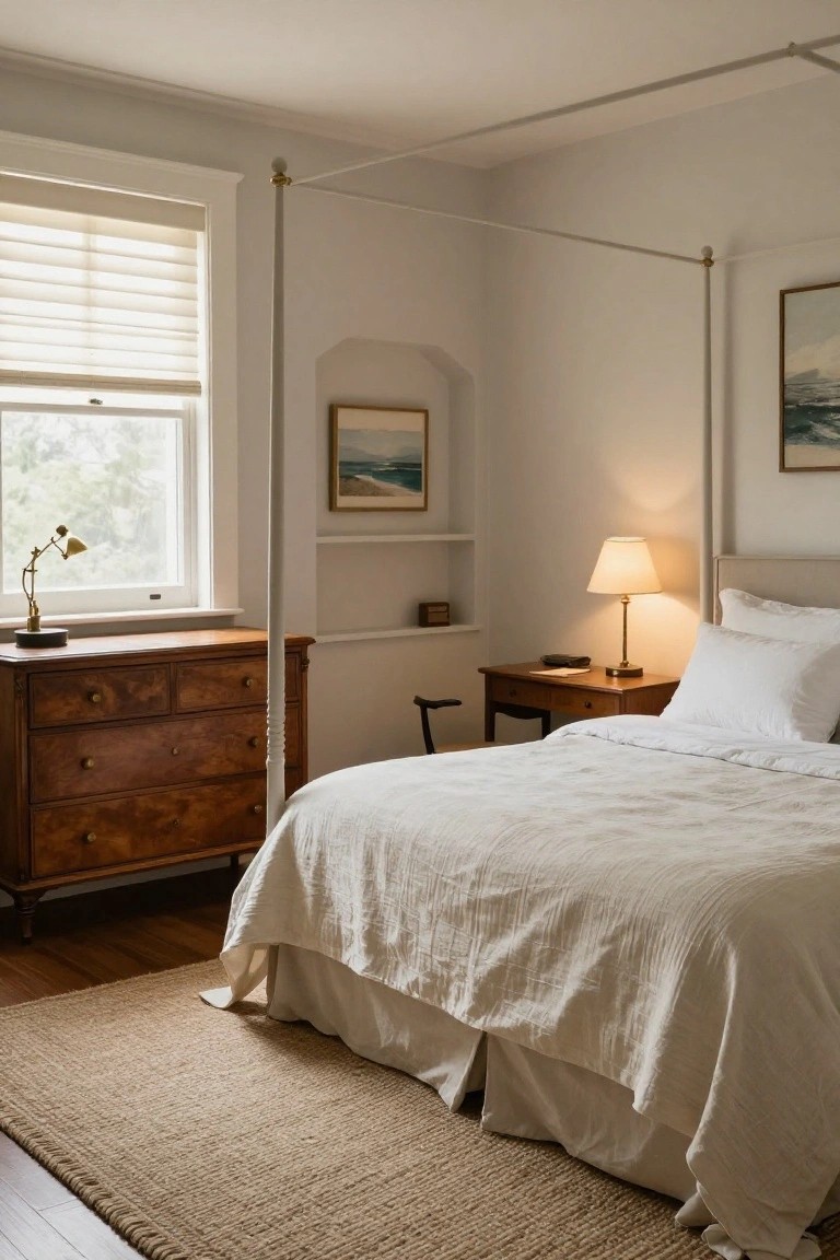 Bedroom interior with tall white four-poster bed covered in white linen bedding and skirt, wooden dresser and desk, lamps, artwork, and beige seagrass rug on wood floors.