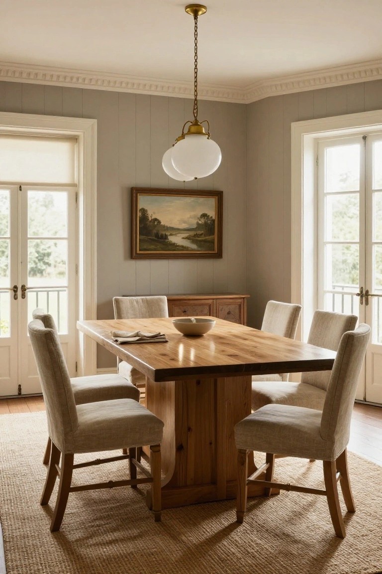 Light gray shiplap-walled dining room with rectangular wooden table, four beige linen-upholstered chairs, brass double-globe pendant light, wooden sideboard, landscape painting, and white French doors to balcony over seagrass rug.