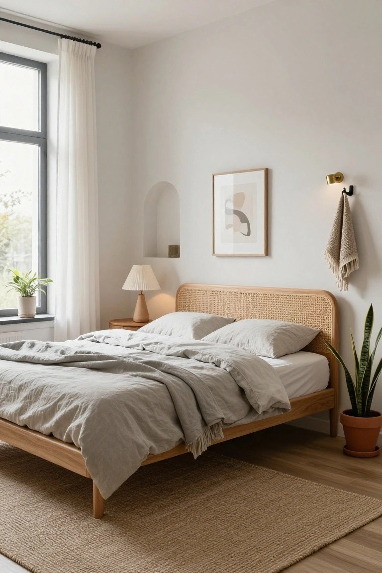 Bedroom with curved cane headboard on wooden bed frame, light gray linen bedding, wooden nightstand and lamp, potted plants, sheer curtains on large window, arched wall niche, wall sconce with towel, and seagrass rug on wood floors.