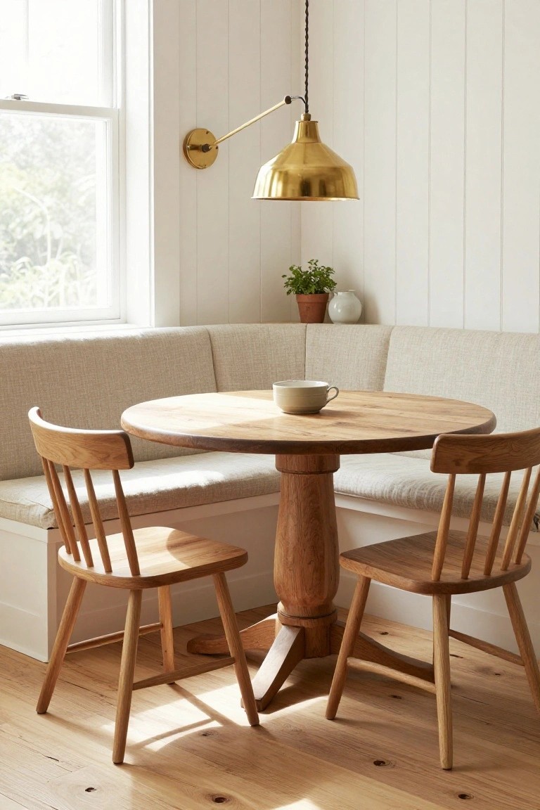 White shiplap-walled room with cream banquette booth seating around a round wooden pedestal table, two matching wooden chairs, a teacup on the table, potted plant, and gold pendant light overhead.