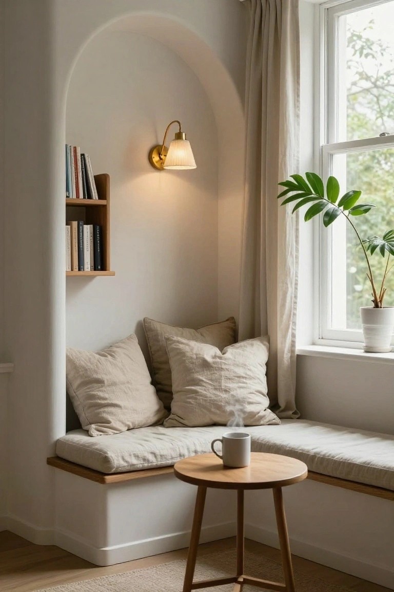 Cozy arched nook with cushions, books, lamp, and coffee.