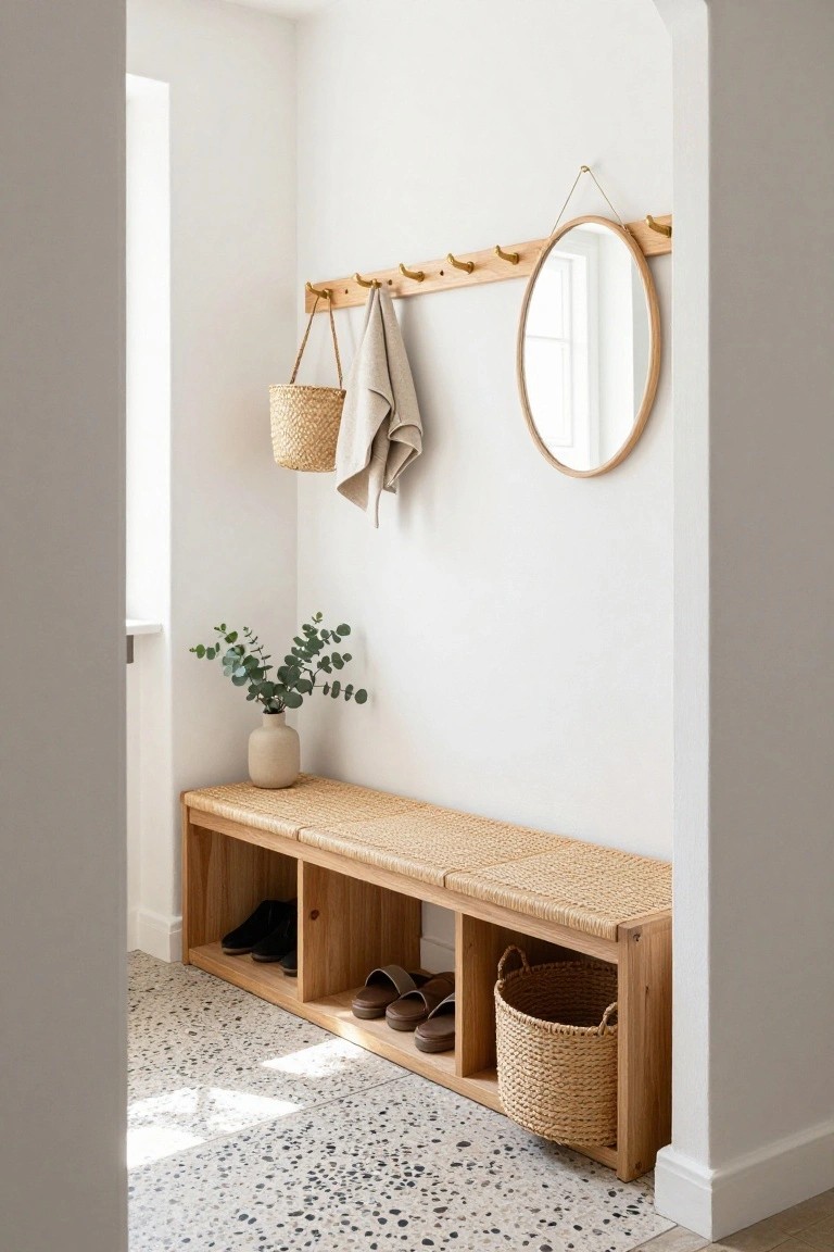 Bright entryway with wooden bench topped in rattan, shoe-filled cubbies and seagrass baskets below, wall hooks holding towel and bag, round wooden mirror, eucalyptus vase, on white walls and terrazzo floor.