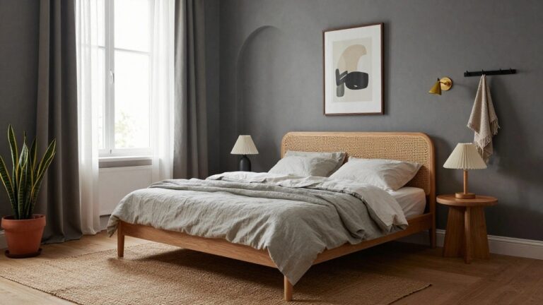 Bedroom with curved cane headboard on wooden bed frame, light gray linen bedding, wooden nightstand and lamp, potted plants, sheer curtains on large window, arched wall niche, wall sconce with towel, and seagrass rug on wood floors.