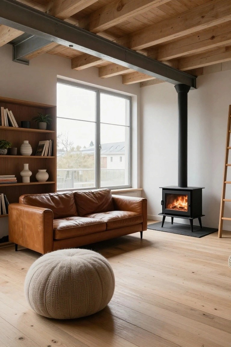 Modern living room featuring a brown leather sofa, cream knit pouf, black freestanding wood stove with active fire, wooden bookshelves stocked with books plants and ceramics, large window with view, exposed wooden beams steel beam and column, light wood flooring.