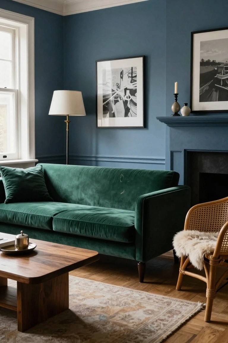 Living room interior with deep blue paneled walls, emerald green velvet sofa, wooden coffee table holding a teapot, rattan chair with sheepskin throw, framed black-and-white artwork, floor lamp, and fireplace mantel.