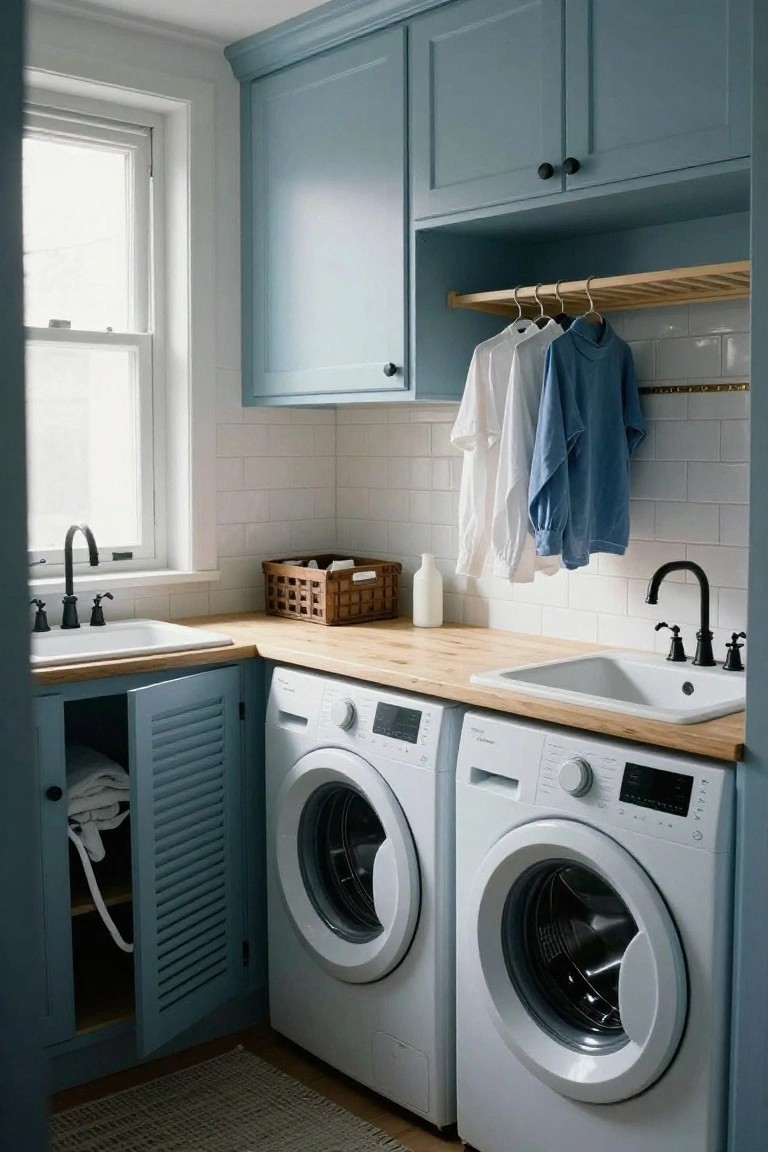 Compact laundry room with light blue shaker cabinets enclosing white washer and dryer, wooden countertop over two white utility sinks, white subway tile backsplash, drying rack with hanging clothes, and open window.