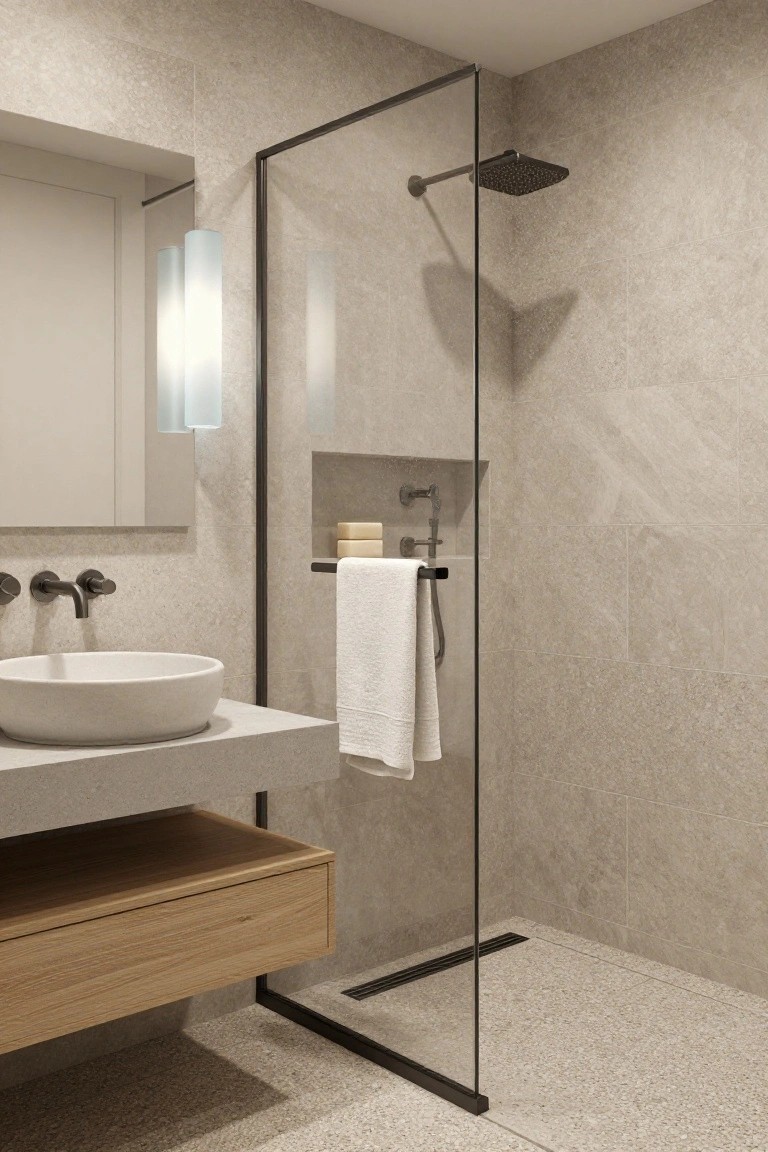 Modern bathroom with light beige textured tiles on floor and walls, open black-framed glass shower enclosure with rainfall head and niche shelf, floating oak wood drawer unit, white vessel sink, and matte black faucets.