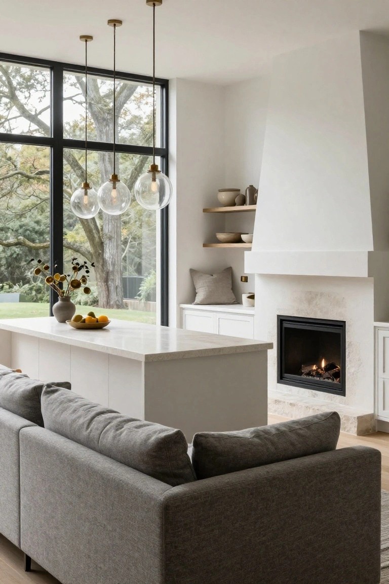 Open-plan interior with gray L-shaped sofa, white kitchen island topped with fruit bowl, tall white fireplace with gas flames, floating wood shelves, three brass pendant lights, and large black-framed windows overlooking trees and garden.