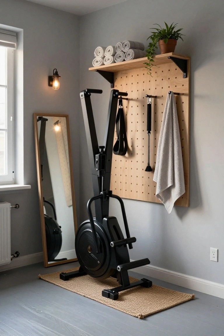 Compact indoor home gym with black elliptical trainer on grey wood floor, full-length wooden mirror, wooden pegboard wall holding white towels resistance bands and tools, potted plant on shelf above, and wall lamp.