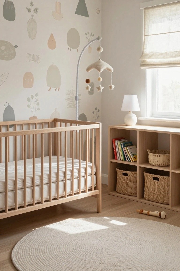 A nursery room with beige walls covered in abstract organic shapes and plant murals, a wooden crib with white bedding, a hanging mobile above it, a wooden bookshelf with books and woven baskets, a white lamp, and a round white rug on light wood floors.
