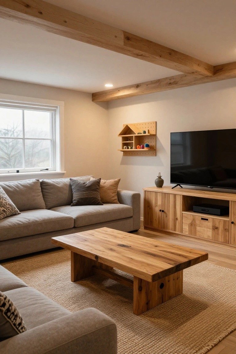 A modern living room with exposed wooden ceiling beams, gray L-shaped sofa with patterned pillows, rectangular live-edge wooden coffee table on a seagrass rug, wooden media console with black TV, and a pegboard shelf shaped like a house on the wall.