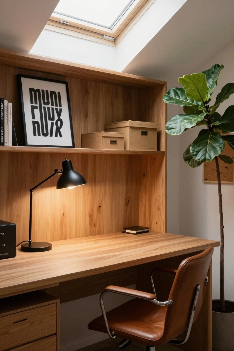 Wooden built-in desk and open shelving unit with black adjustable lamp, tan leather office chair, potted green plant, and skylight in a bright room.