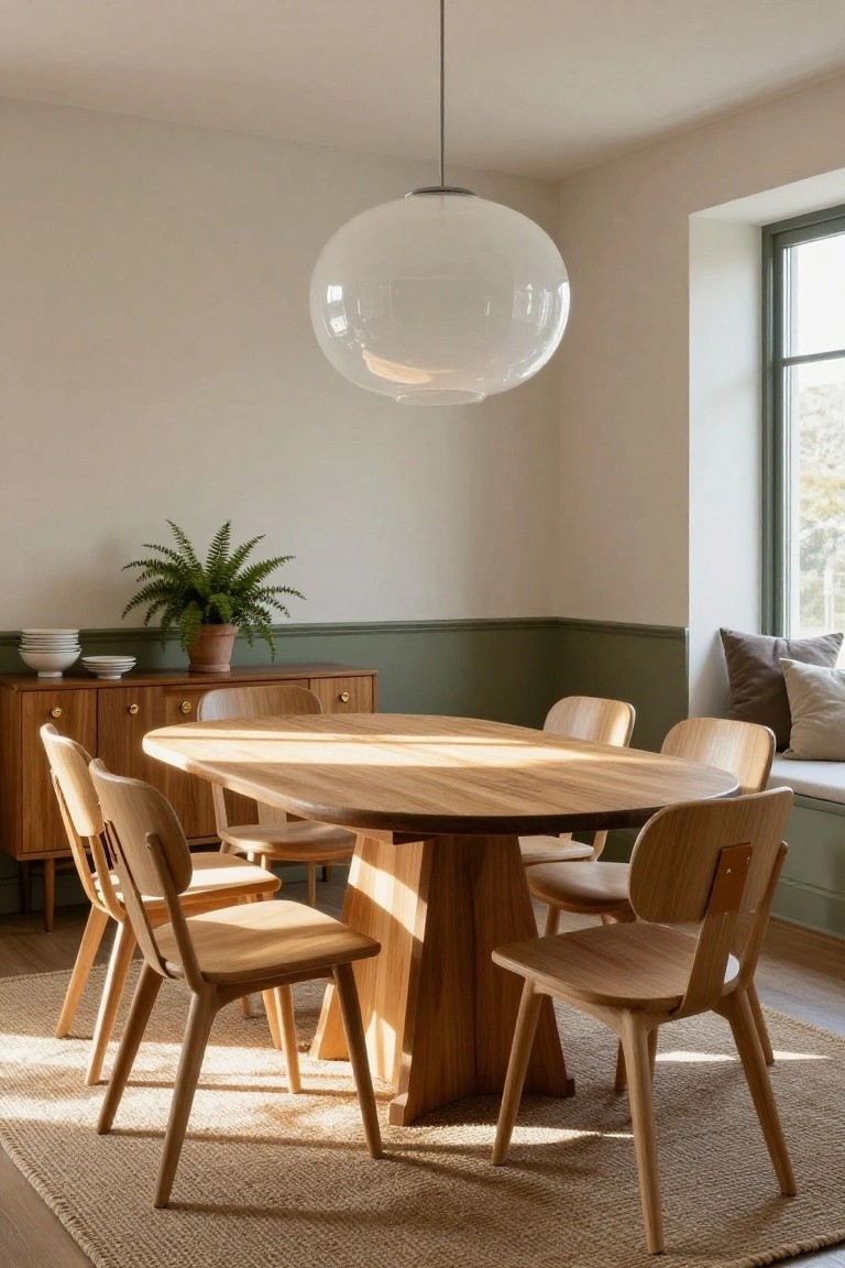 Bright dining room interior with oval light wooden pedestal table, six matching slatted wooden chairs, wooden sideboard holding white dishes and potted fern, large white globe pendant light, green wainscoting, window seat with cushions, and seagrass rug.