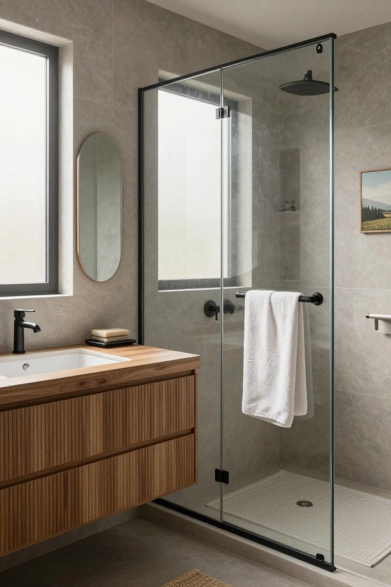 Modern bathroom with light wood slatted vanity cabinets under a white sink and black faucet, oval mirror on gray tiled wall, and black-framed glass shower enclosure with white tile floor.