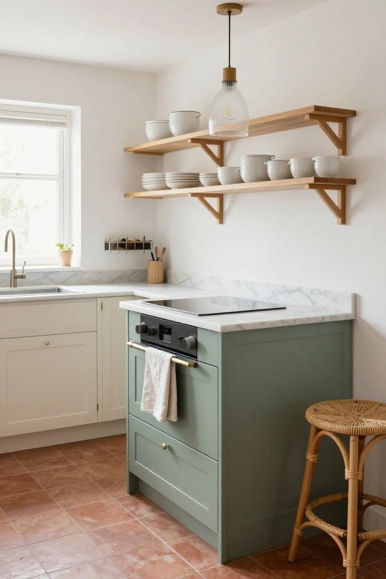 Compact kitchen corner featuring sage green lower cabinets with a black cooktop on a marble countertop, white upper cabinets, wooden open shelves holding white bowls and plates, a rattan stool, and a window with blinds.