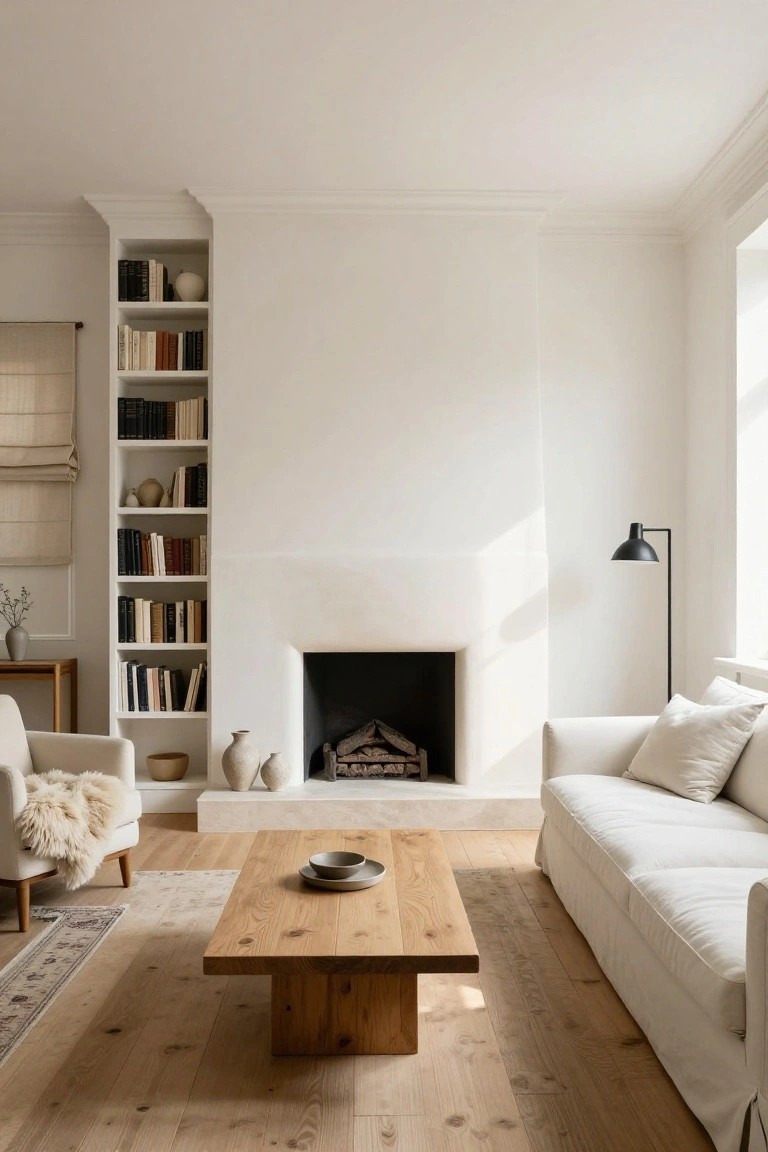 Minimalist living room with white fireplace, wooden coffee table, and built-in bookshelves.