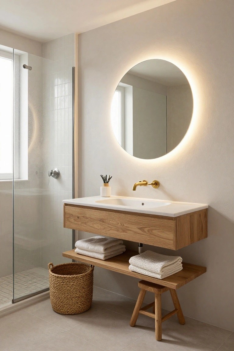 Minimalist bathroom with glass shower enclosure, floating oak vanity holding white sink, round backlit mirror above gold faucet, open shelf with folded towels, wooden stool, and wicker basket on light floor.