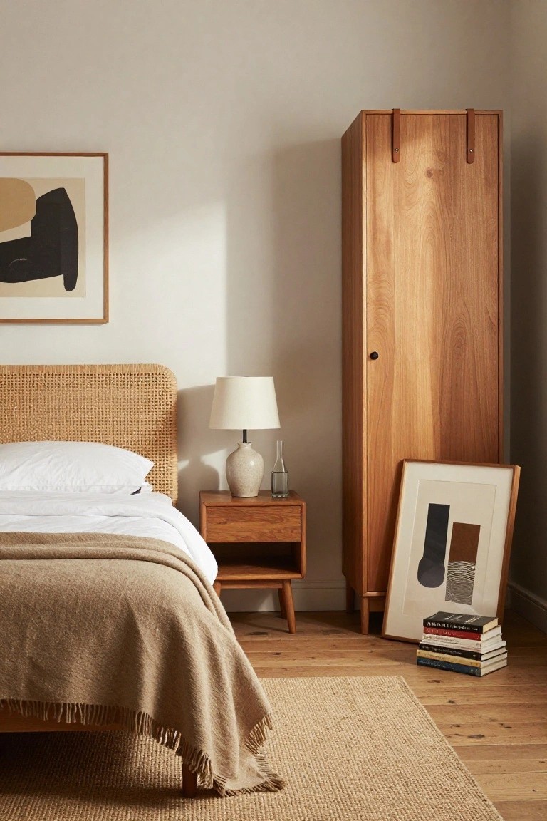 Bedroom with rattan headboard bed covered in white sheets and beige throw, wooden nightstand with ceramic lamp and glass bottle, tall wooden wardrobe with leather handles, abstract framed artworks on wall, leaning frame with artwork, stack of books on floor, seagrass rug, and oak wood flooring.