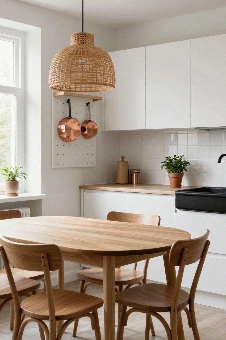 Modern white kitchen with flat-panel cabinets, wooden oval dining table and four matching chairs, rattan pendant light, copper pots on pegboard, potted plants, and black farmhouse sink.