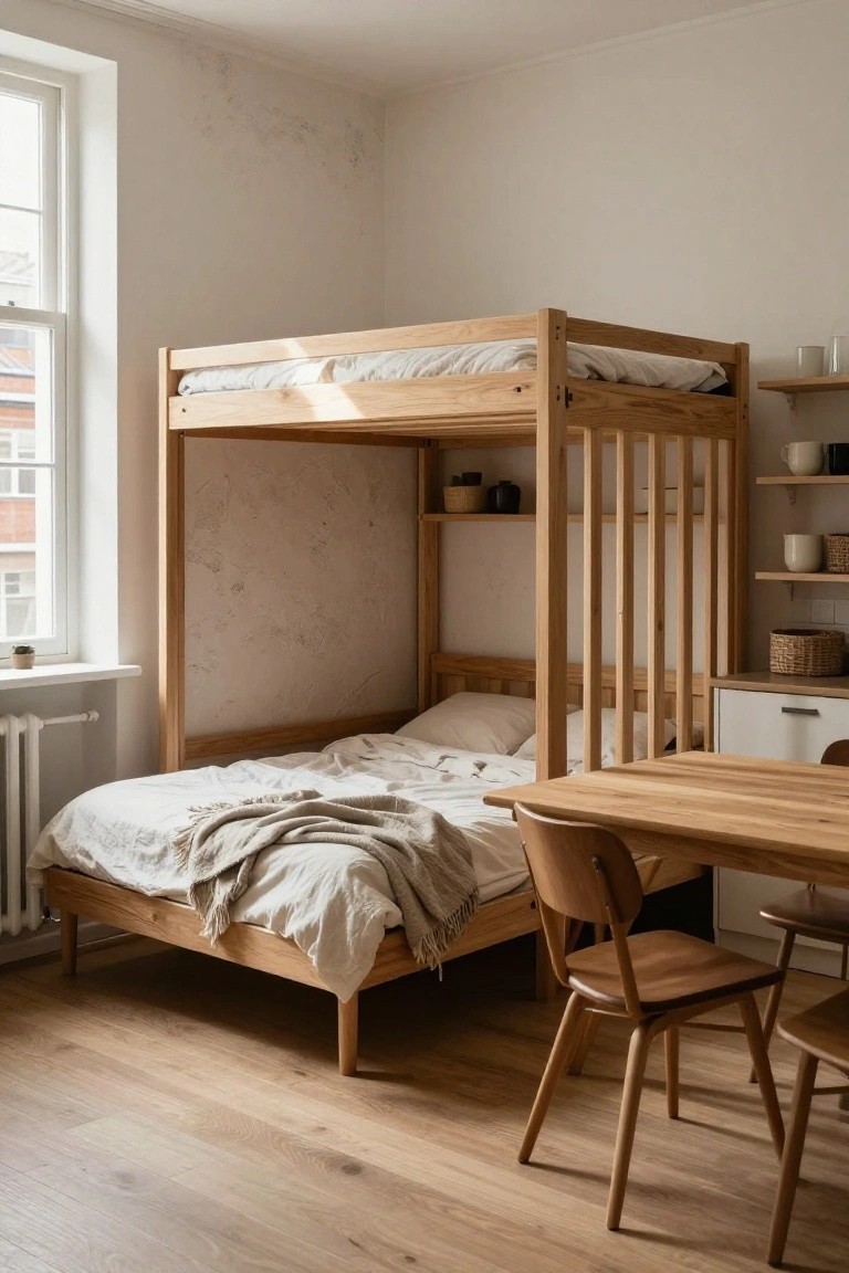 Wooden loft bed above single bed with dining table in bright room.