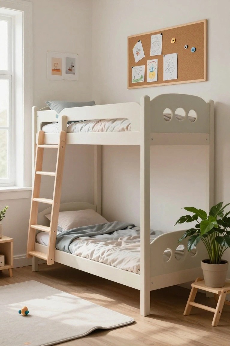 A children's bedroom with a white wooden bunk bed featuring circular cutouts on the end panels, a wooden ladder to the upper bunk, lower bunk with gray bedding, a potted plant on a stool, corkboard with drawings on the wall, and a toy car on the floor.
