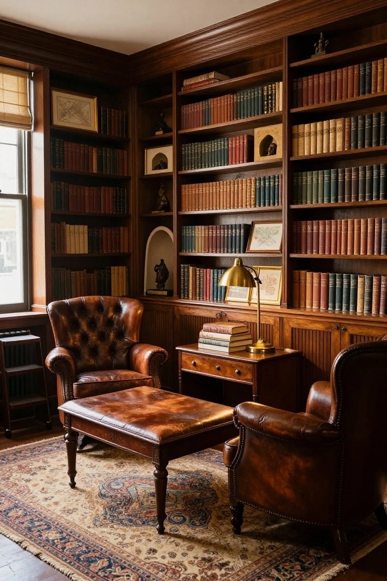 Wood-paneled library room with floor-to-ceiling bookshelves filled with books, two tufted brown leather armchairs facing each other across a leather ottoman, a small wooden desk with brass lamp and stacked books, and a patterned rug on the floor.