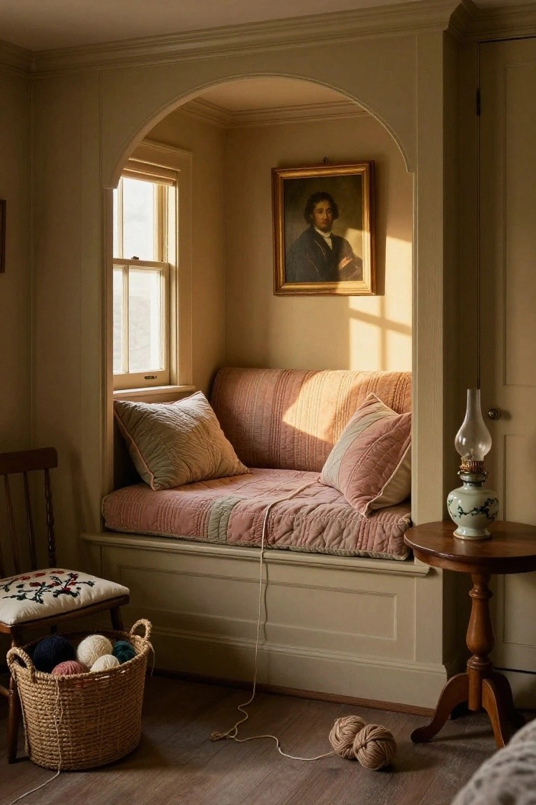 Arched interior nook with built-in window seat covered in pink quilted cushions and pillows, wooden chair with embroidered cushion and wicker yarn basket, small round table holding porcelain vase and glass oil lamp, framed portrait on wall beside window with rolled shade.