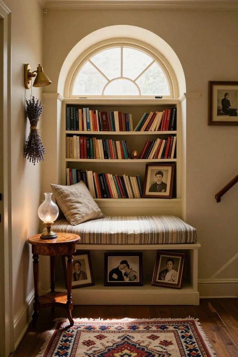 Interior nook with built-in bookshelves flanking an arched window seat on a cushioned bench, beside a small round table with glass lamp, framed photos, dried lavender bundle, and a striped rug on wood floors.