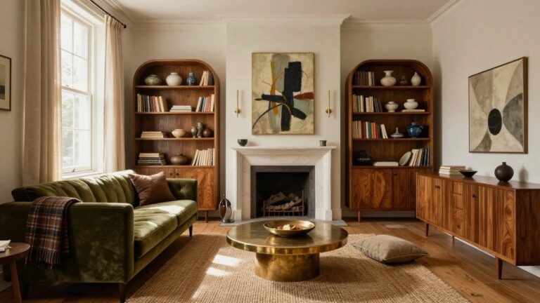 A living room with a green velvet tufted sofa, brass oval coffee table, curved wooden bookcase filled with books and ceramics, white fireplace, and abstract painting on the wall.