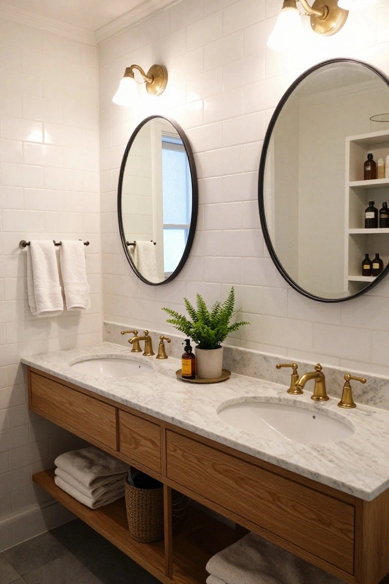 Bathroom interior with floating wooden vanity topped by white marble counters and two undermount sinks, flanked by round black-framed mirrors on white subway tile walls, brass fixtures, and potted fern.