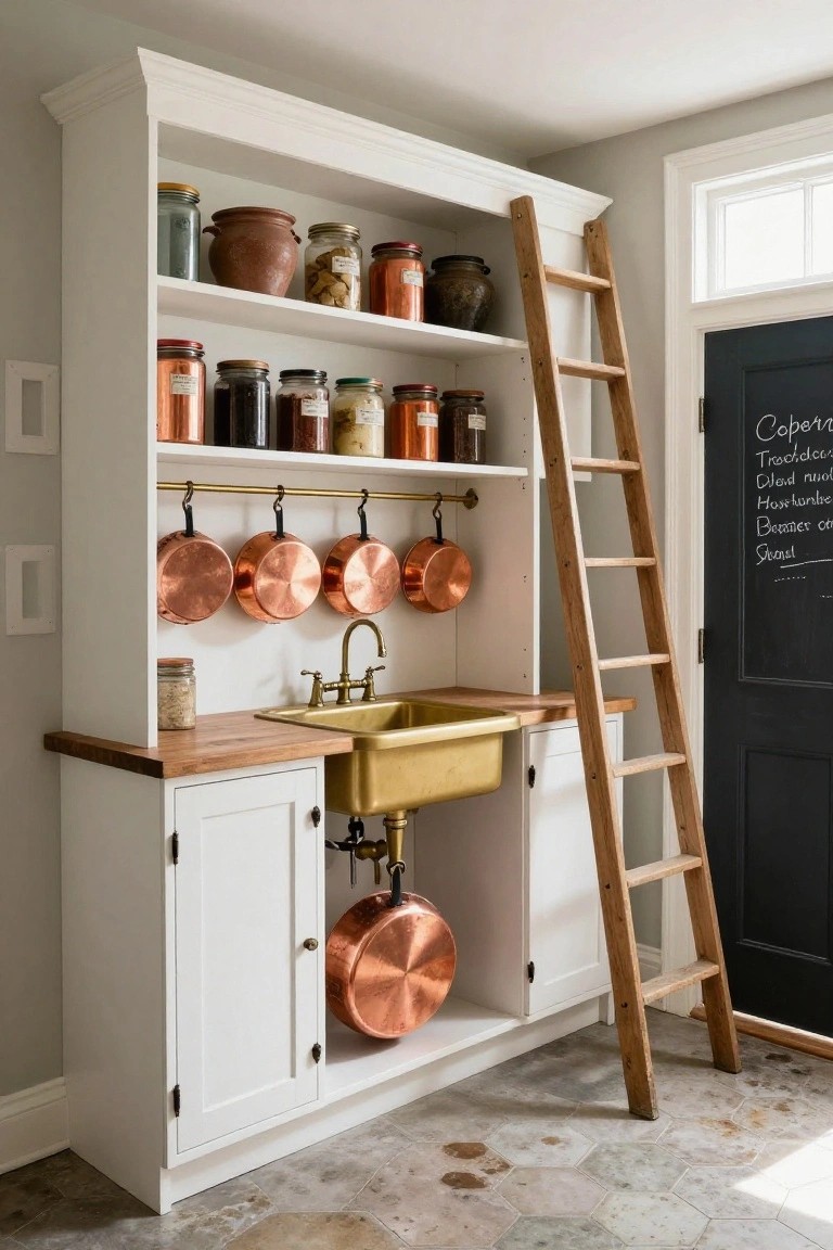 Tall white wooden cabinetry with open shelves holding jars, ceramics, and copper pots, a leaning wooden ladder, integrated brass farmhouse sink on a wood countertop, and hanging copper pans next to a black door with chalkboard writing.