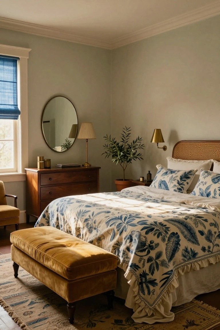 Bedroom with sage green walls, rattan headboard bed draped in white and blue floral bedding with ruffles, wooden dresser topped with brass lamp and containers, yellow velvet bench at bed foot, round mirror, olive tree in pot, brass wall sconce, blue roller shade on window, and patterned rug on wood floor.