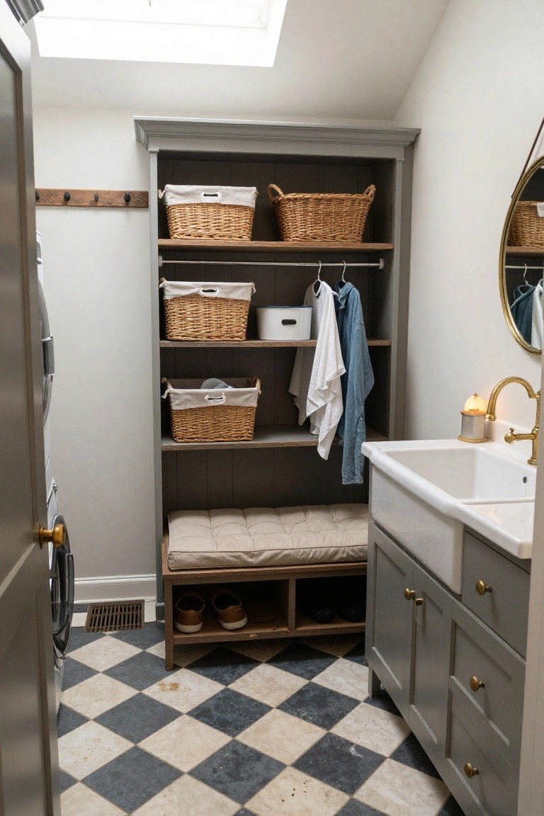 A laundry room with tall gray built-in cabinetry featuring wicker baskets on shelves, hanging rods with clothes, a cushioned bench with shoe storage below, white farmhouse sink, and black-and-white checkered tile floor under a skylight.