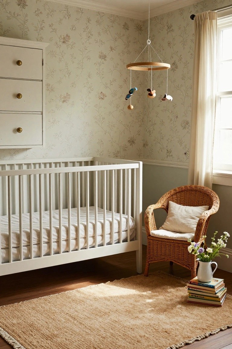 Sunlit nursery room with white crib, wooden mobile hanging above, white dresser with brass knobs, wicker armchair with white pillow and vase of flowers next to stack of books on seagrass rug, pale floral wallpaper on walls.