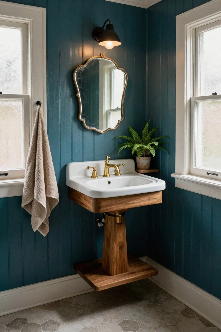 Corner bathroom with dark teal shiplap walls, white porcelain sink on wooden pedestal base, gold faucets and ornate mirror, beige towel on hook, potted fern, wall sconce, two windows, and light gray hexagonal floor tiles.