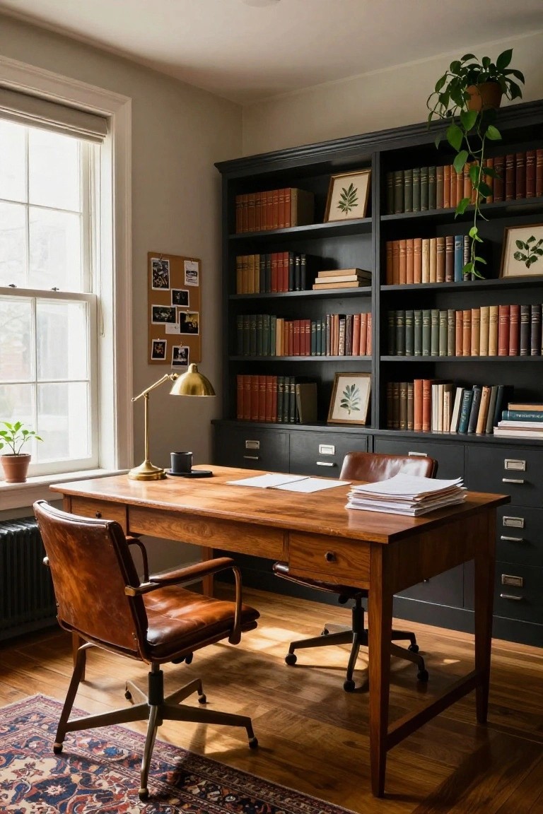 Home study room with wooden desk, black built-in bookshelves filled with books, leather armchair, swivel chair, plants, brass lamp, and window with roller shade.