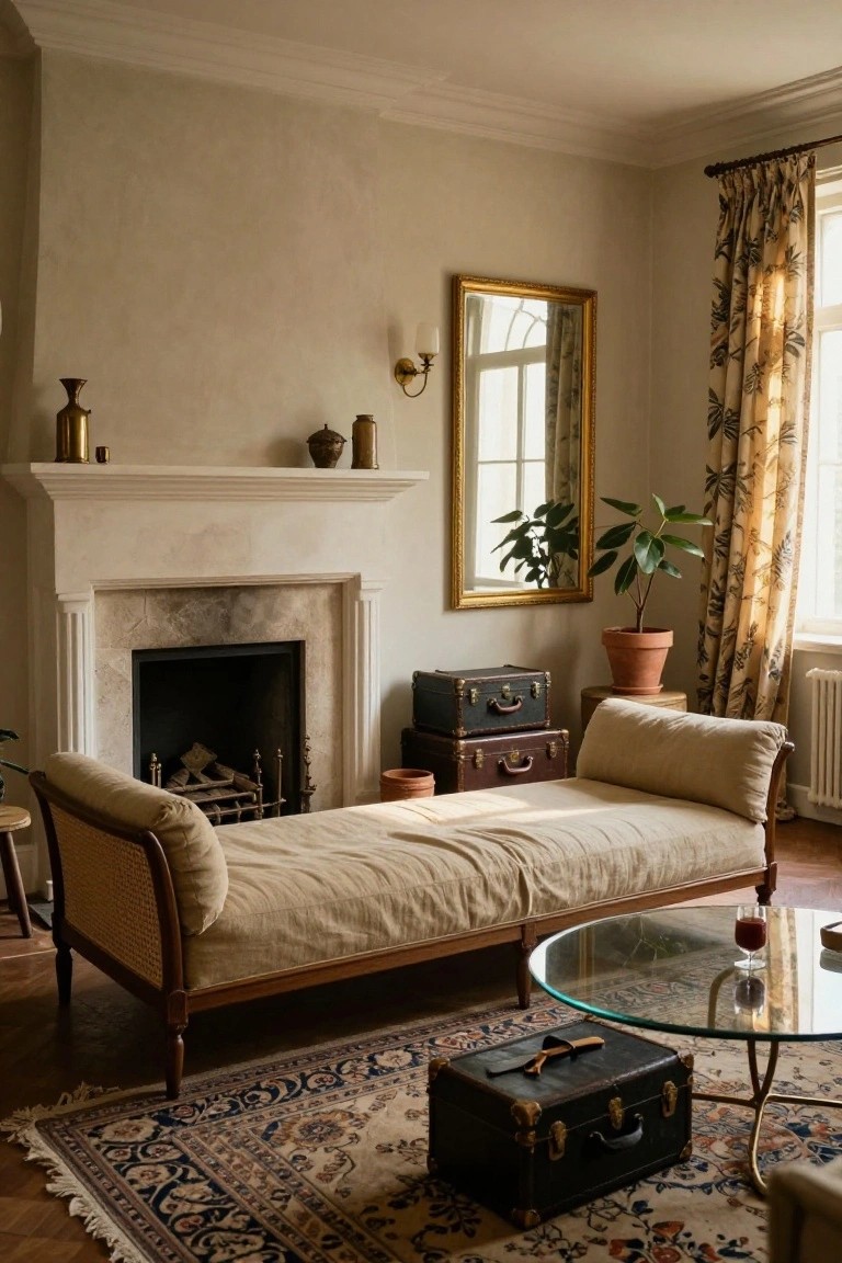 A light beige living room featuring a fireplace, rattan daybed, stacked black vintage suitcases used as low tables, gold-framed mirror, potted plants, and a glass coffee table on a patterned rug.
