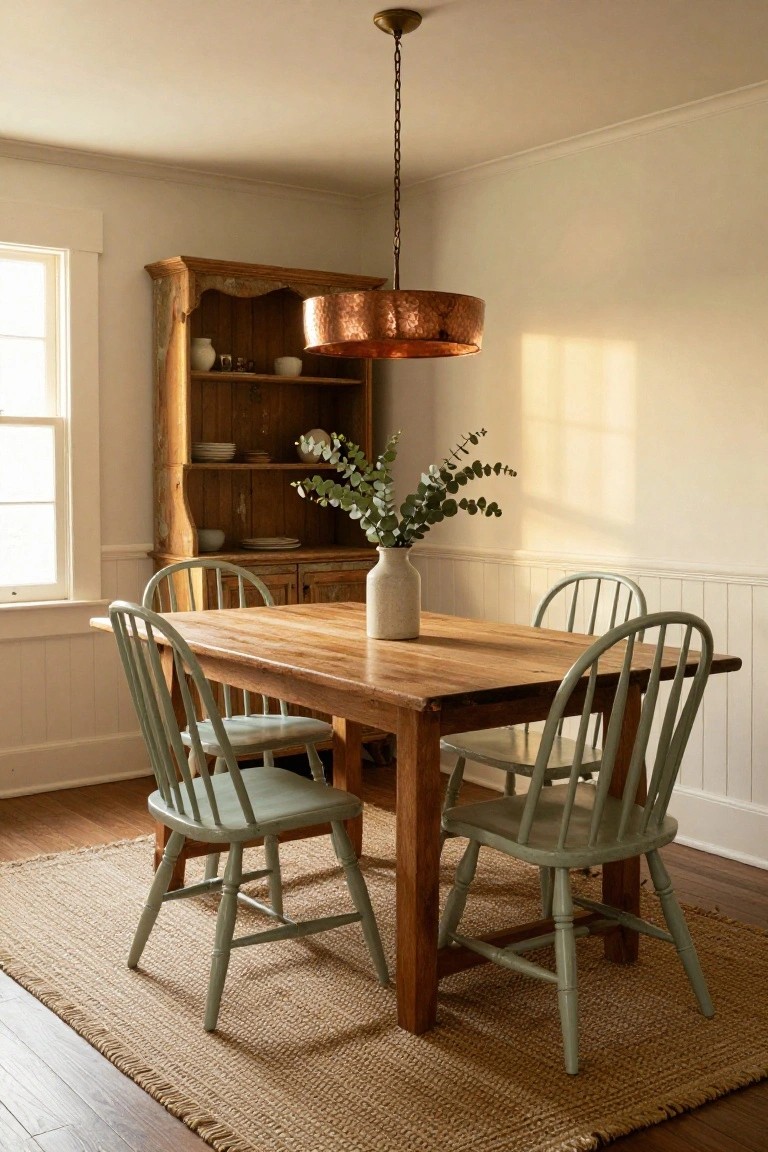 Dining room corner with rectangular wooden table and four sage green ladder-back chairs under hammered copper drum pendant light, wooden corner cabinet with dishes nearby, white vase of eucalyptus on table, window with natural light.