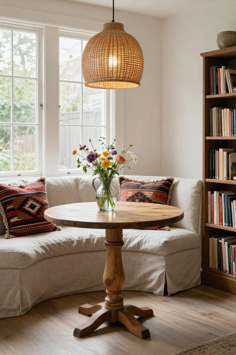 Curved cream-colored linen banquette with red patterned pillows next to a round wooden pedestal table holding a glass vase of wildflowers, under a rattan pendant light, beside bookshelves and large windows in a bright room with hardwood floors.