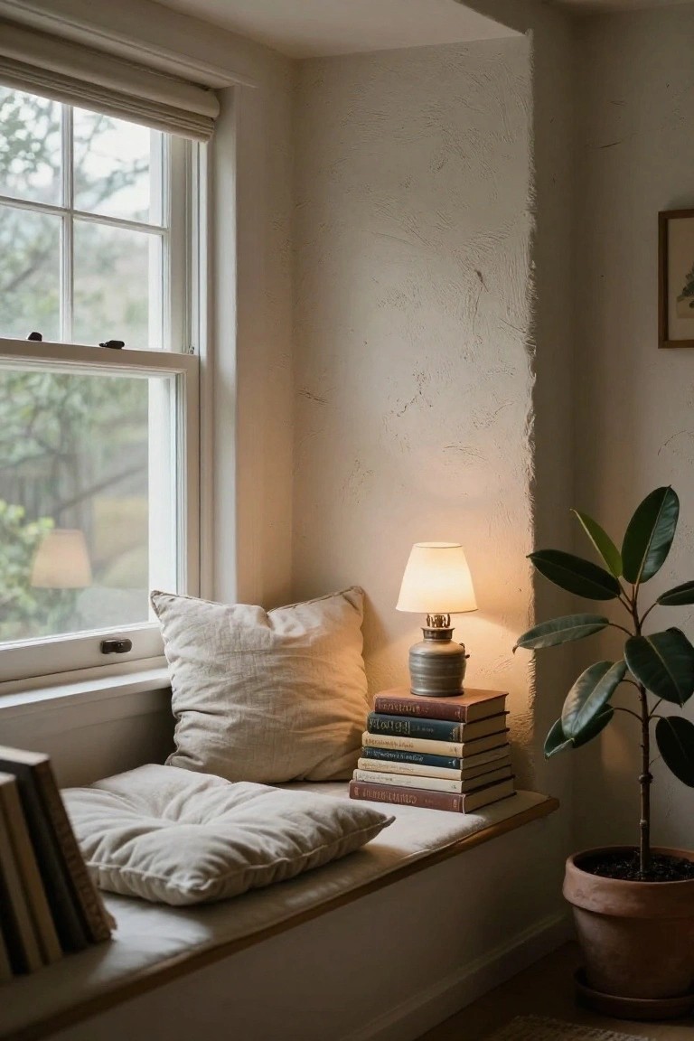 Beige cushioned window seat with stacked books, brass lamp, pillows, open books, and potted plant next to a large window with trees visible outside in a white-walled room.