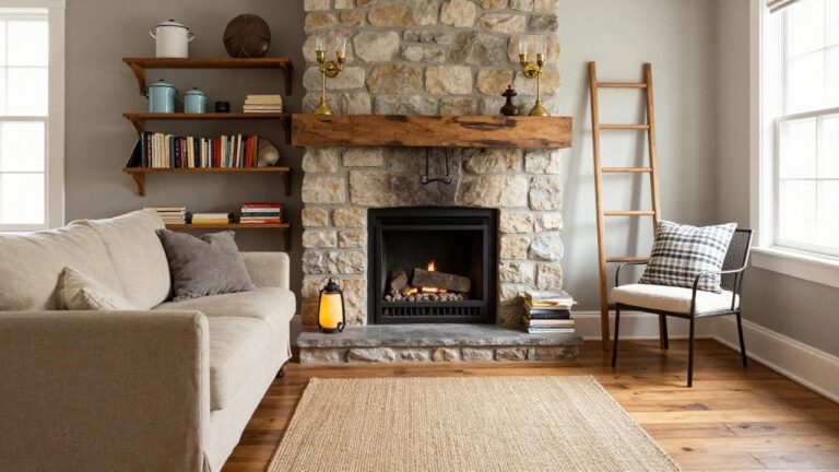 A cozy living room centered on a lit stone fireplace under a large wooden beam mantel, with beige slipcovered sofas facing it, bookshelves and shelves above the mantel, hardwood floors, and seagrass rug in front.