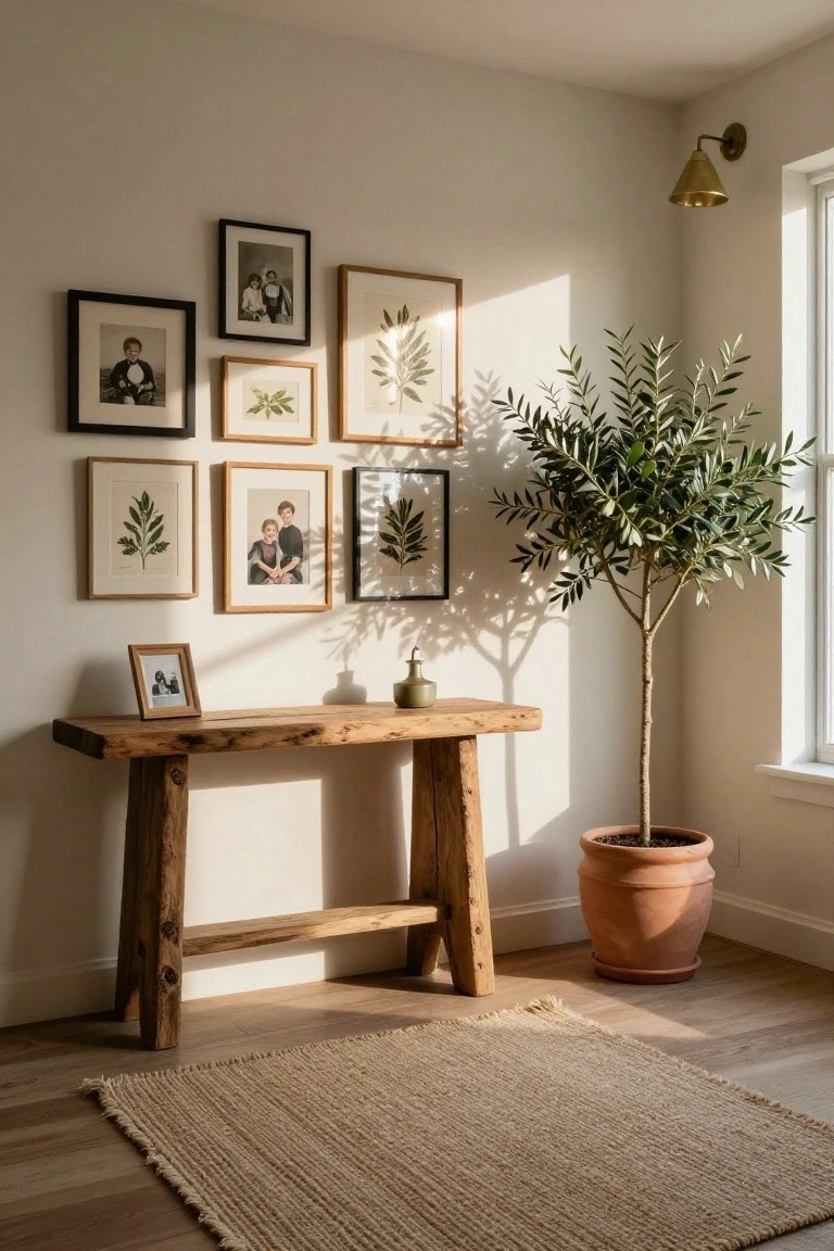 Corner of a beige room featuring a gallery wall with assorted frames containing black-and-white family photos and botanical leaf prints, a rustic wooden console table holding a small vase and photo frame, a potted olive tree, and a jute rug on wood floors with sunlight from a window.
