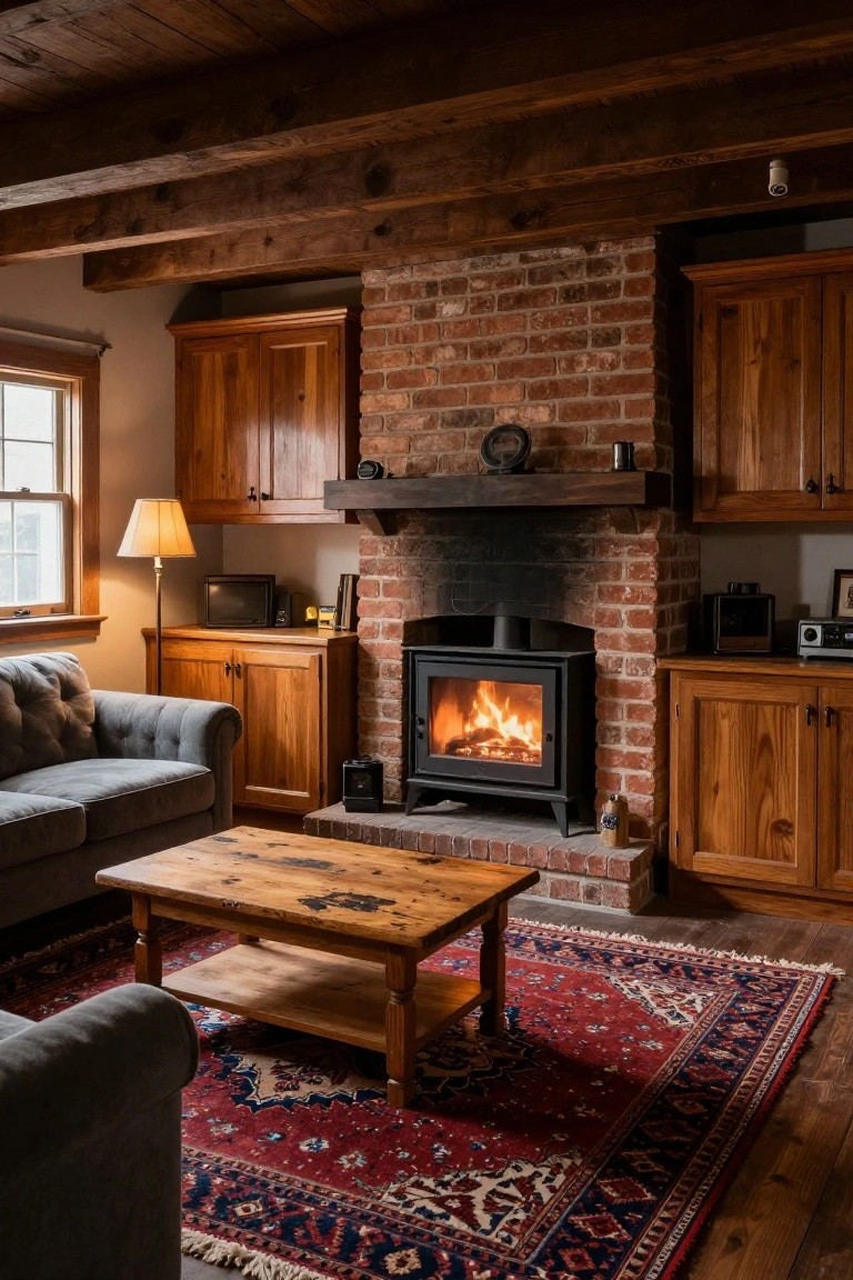 Cozy living room interior with exposed wooden ceiling beams, a black wood-burning stove in a brick surround flanked by wooden cabinets, gray tufted sofa, wooden coffee table, red patterned rug, and lamp by the window.